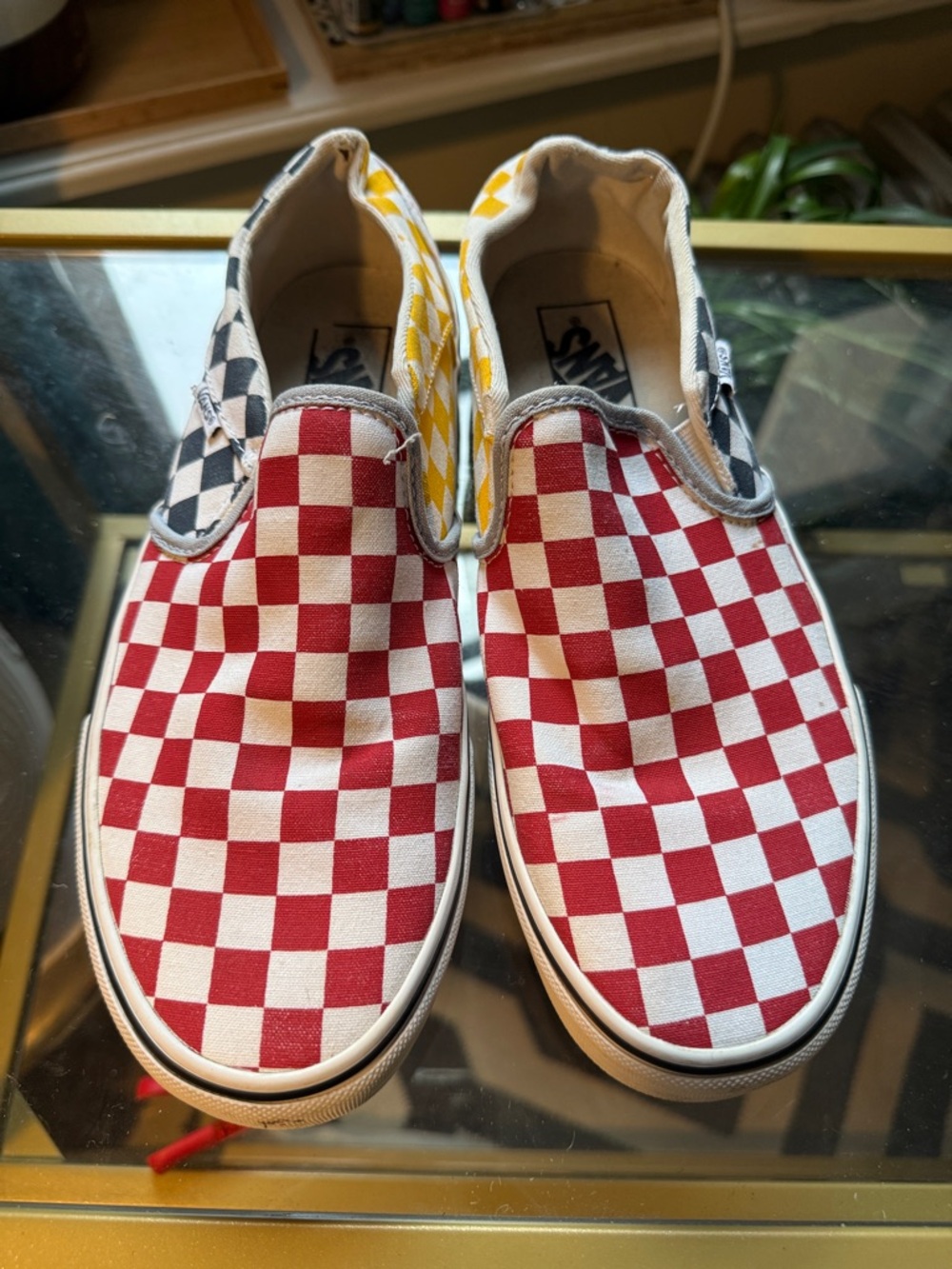Vans Slip-On Checkerboard Shoes - Red/White with Black & Yellow Accents | W10